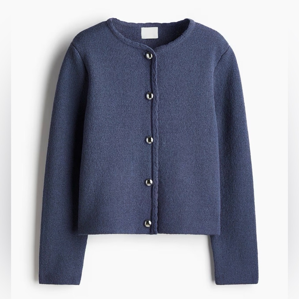 H&M Scalloped-edge Cardigan, Dark Dusty Blue, Silver buttons, size XL
